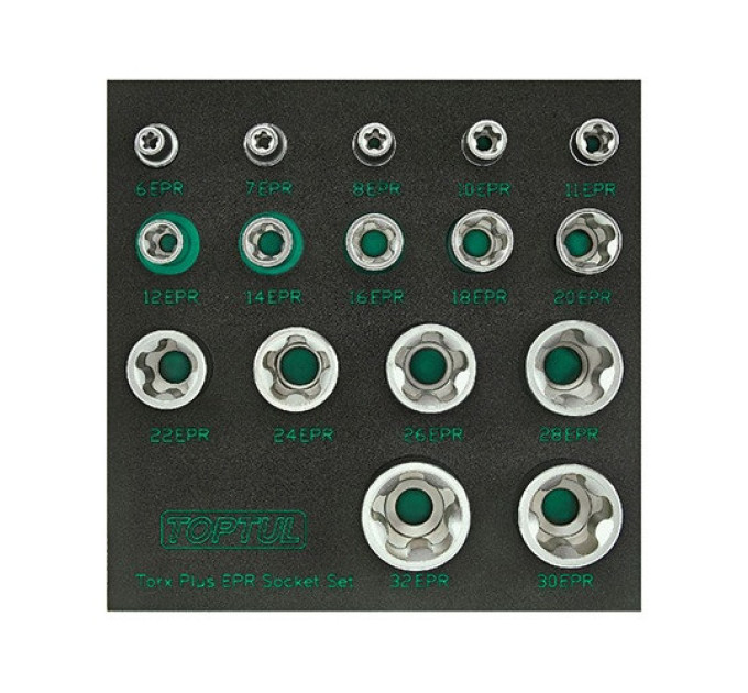 Набор головок Torx Plus EPR 1/4",3/8",1/2" 6EPR-32EPR 16ед. в ложементе TOPTUL GABF1601