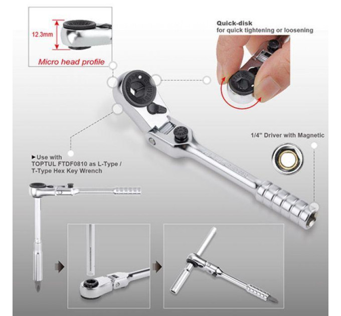 Трещотка мини 1/4" с шарниром TOPTUL 60 зубцов (исп. с FTDF0810) CHEV0811