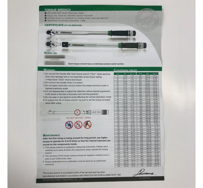 Динамометрический ключ 1/2" TOPTUL 535mm 40-210Nm ANAF1621