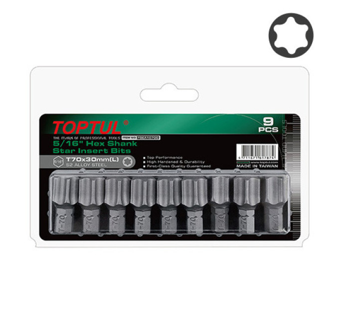 Биты-звездочки набор 5/16" L30мм T70 9ед. TOPTUL FSEA1070G