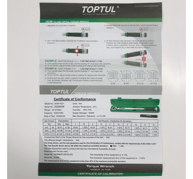 Динамометрический ключ 1/2" TOPTUL 535mm 40-210Nm ANAF1621