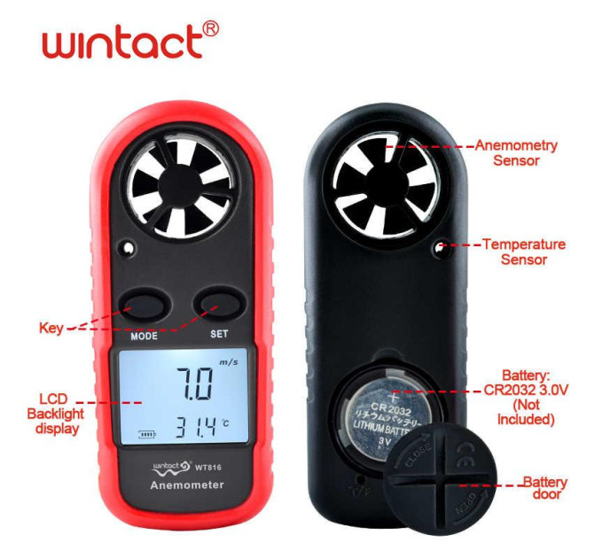 Анемометр цифровой 0,1-30м/с, -10-45°C WINTACT WT816